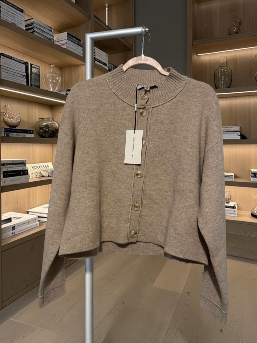 Something Navy Women's Cropped Crewneck Cardigan in Taupe